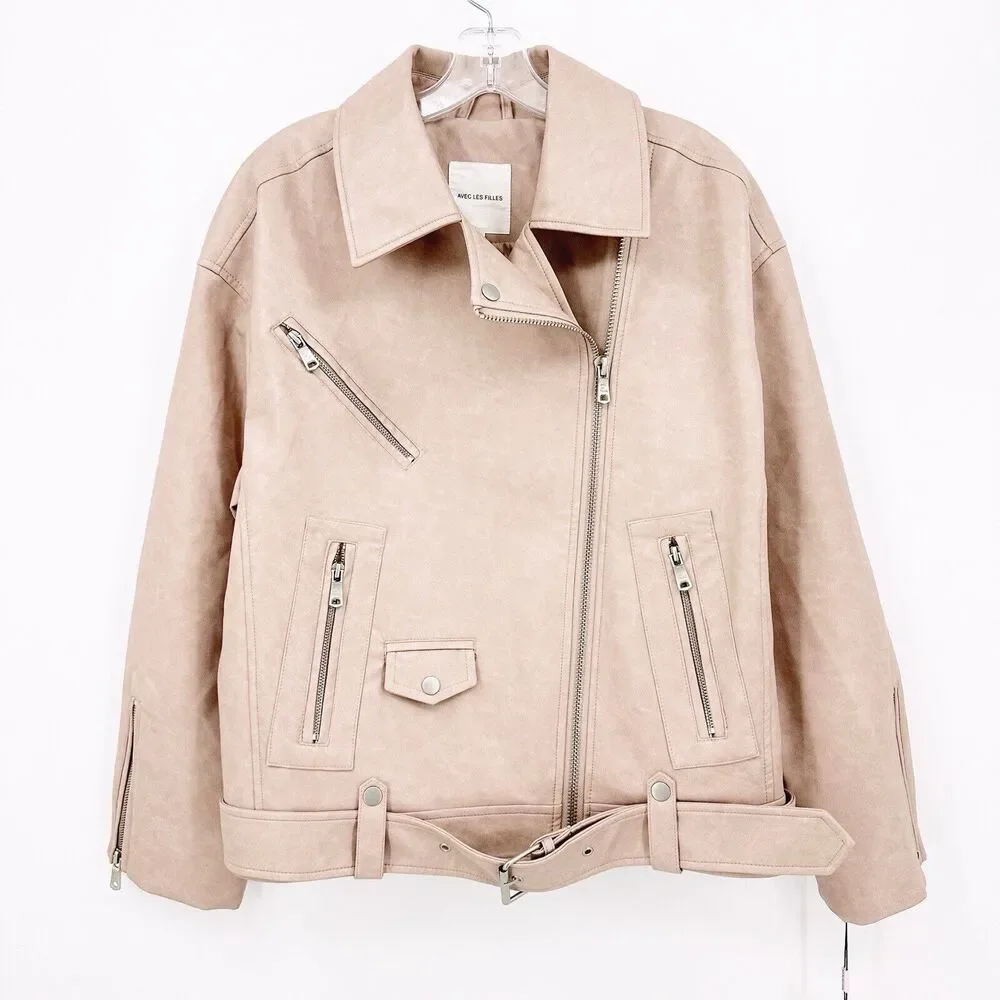 Avec Les Filles Anthropologie Womens Moto Jacket M Oversized Faux Leather Belted